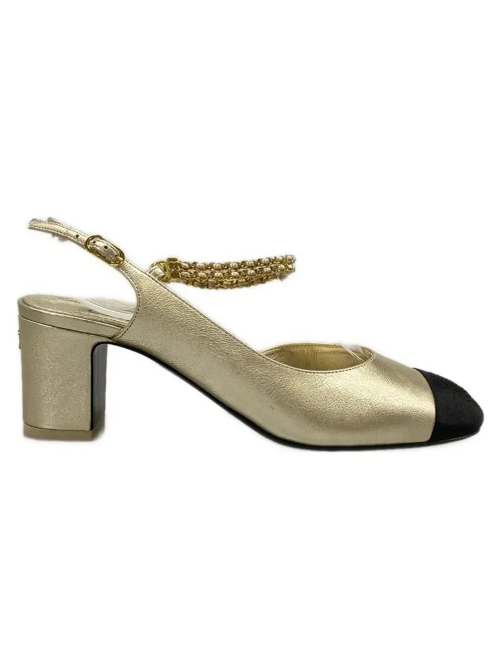Chanel Sandals Gold Black Chain Slingback Bicolor Lambskin
